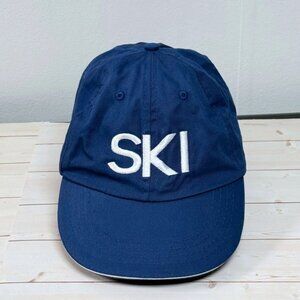 Navy Blue Ski Baseball Hat White Embroidered Cotton Cap Velcro Strap Dad